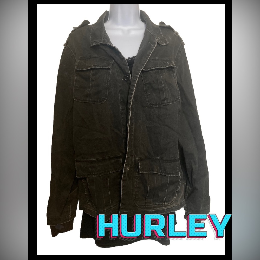 Hurley Button Up Distressed Gray Jacket M With Epaulettes And Pockets Unisex